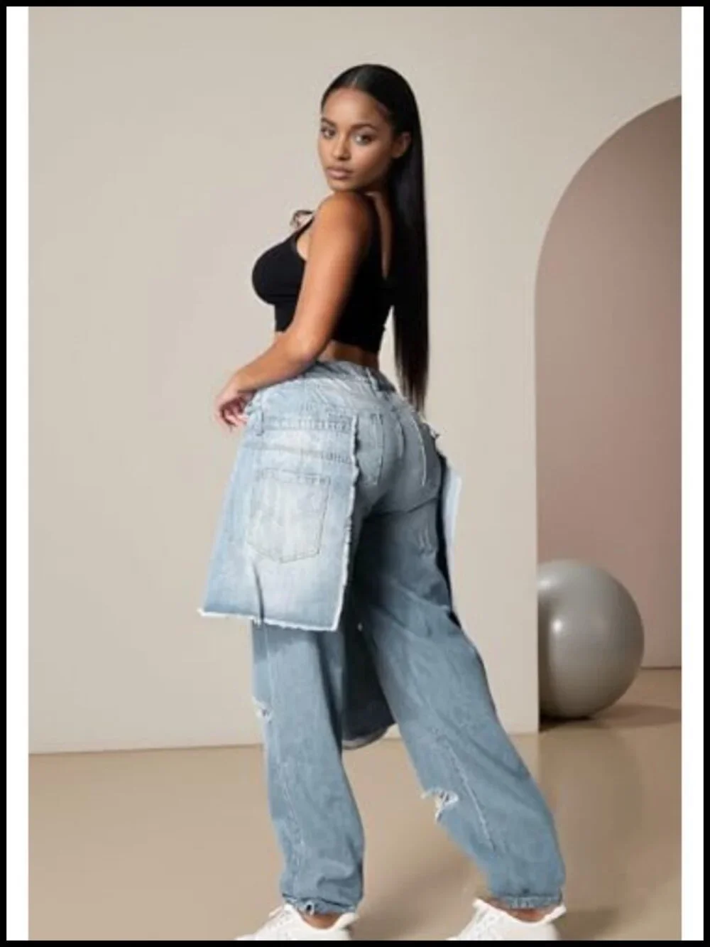 Ripped Patchwork Jeans Straight Wide Leg Asymmetrical Double Waist Baggy Y2k